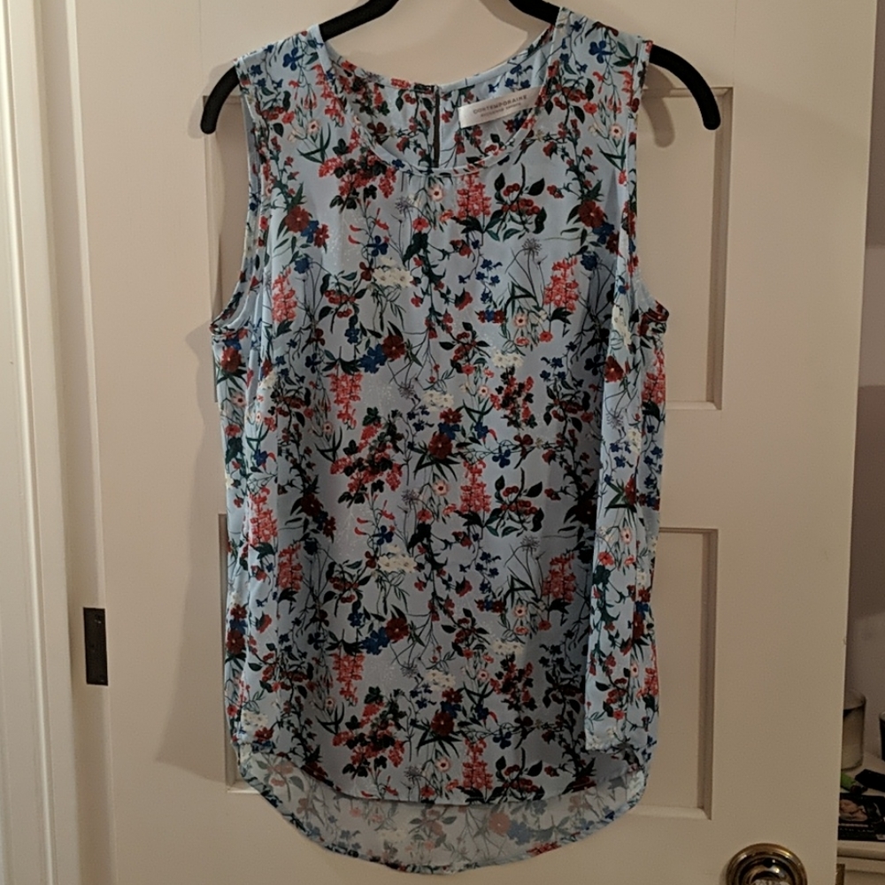 Blue/flower print sleeveless blouse